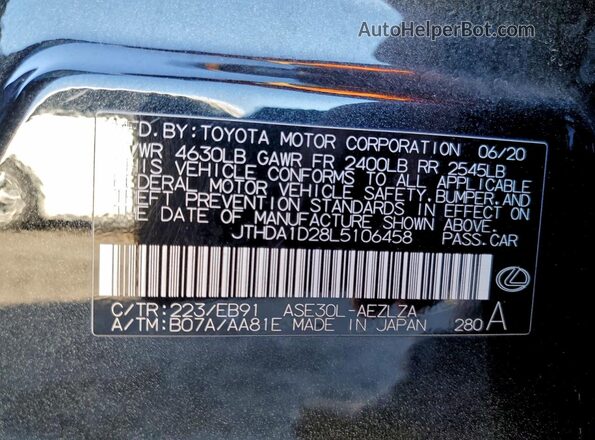 JTHDA1D28L5106458 2020 LEXUS IS Black Vista de la etiqueta del VIN