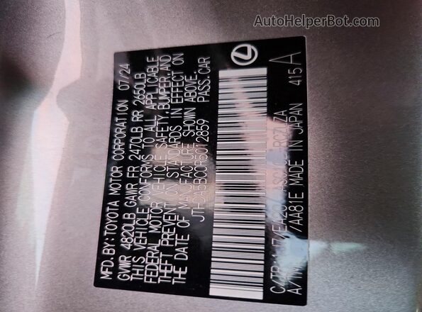 JTHDA5BC0R5012859 2024 LEXUS RC Silver Vista de la etiqueta del VIN