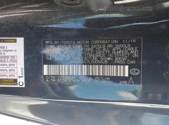 JTHG85EC7L5005628 2020 LEXUS RC Black Widok naklejki z numerem VIN