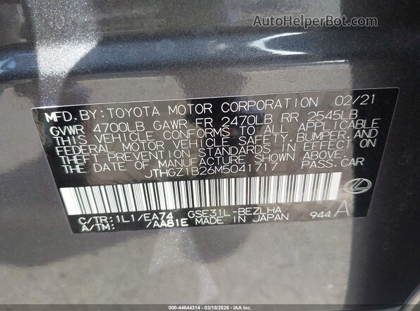 JTHGZ1B26M5041717 2021 LEXUS IS 350 Gray Widok komory silnika
