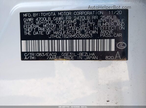 JTHGZ1B2XM5038853 2021 LEXUS IS 350 White Engine compartment view