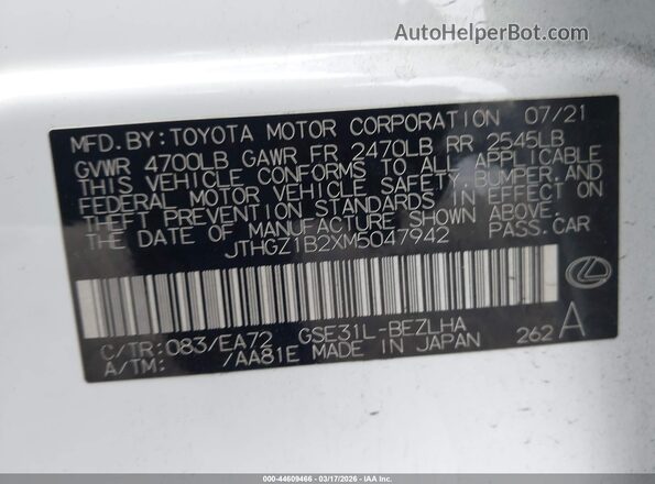 JTHGZ1B2XM5047942 2021 LEXUS IS 350 White Vista del compartimento del motor