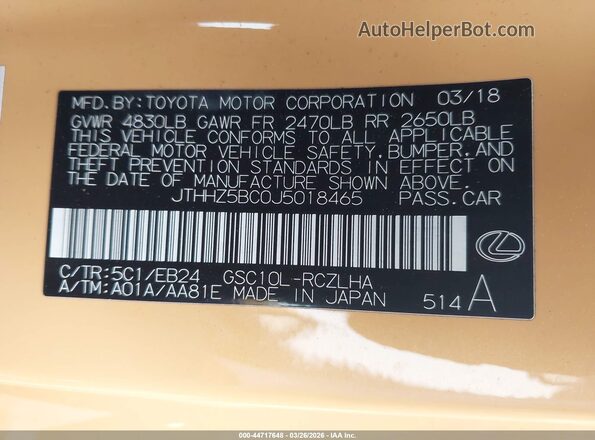 JTHHZ5BC0J5018465 2018 LEXUS RC 350 Yellow ძრავის განყოფილების ხედი