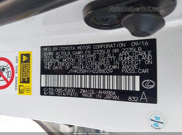 JTHKD5BH1H2288039 2017 LEXUS CT White Շարժիչի բաժամունքի տեսք