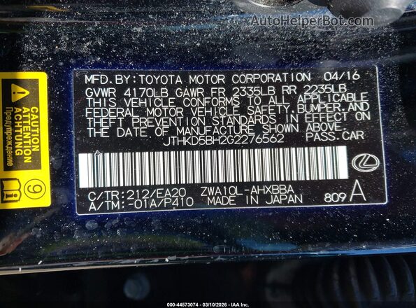 JTHKD5BH2G2276562 2016 LEXUS CT 200H Black ძრავის განყოფილების ხედი