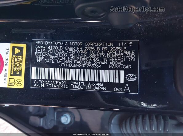 JTHKD5BHXG2263364 2016 LEXUS CT 200H Black Widok komory silnika