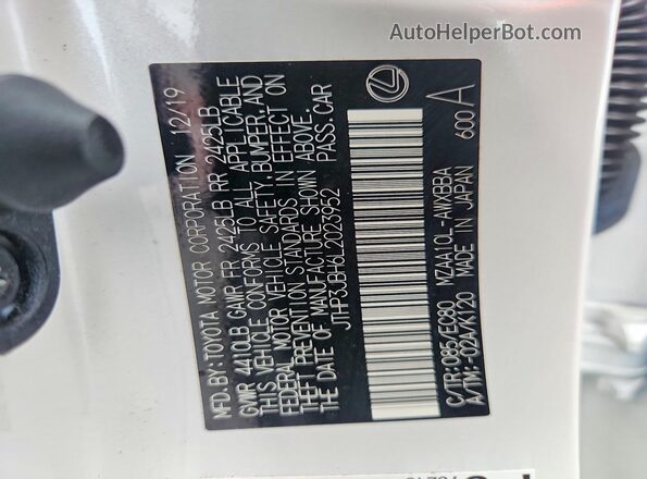 JTHP3JBH6L2023952 2020 LEXUS UX Белый Вид наклейки с VIN-кодом