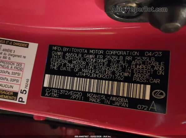 JTHP9JBH0R2071762 2024 LEXUS UX 250H Red Вид підкапотного простору