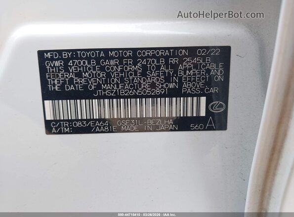 JTHSZ1B26N5052891 2022 LEXUS IS 350 White Vista del compartimento del motor