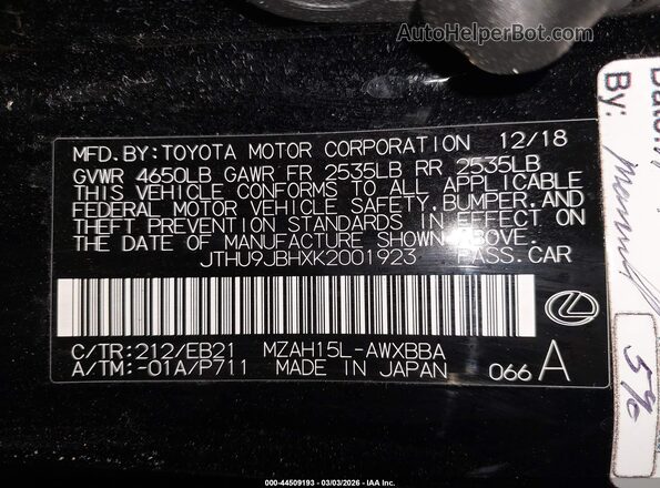 JTHU9JBHXK2001923 2019 LEXUS UX 250H Black Vista del compartimento del motor