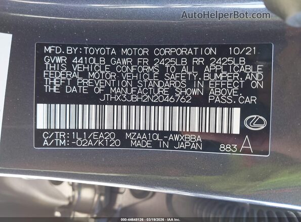 JTHX3JBH2N2046762 2022 LEXUS UX 200 Gray Engine compartment view