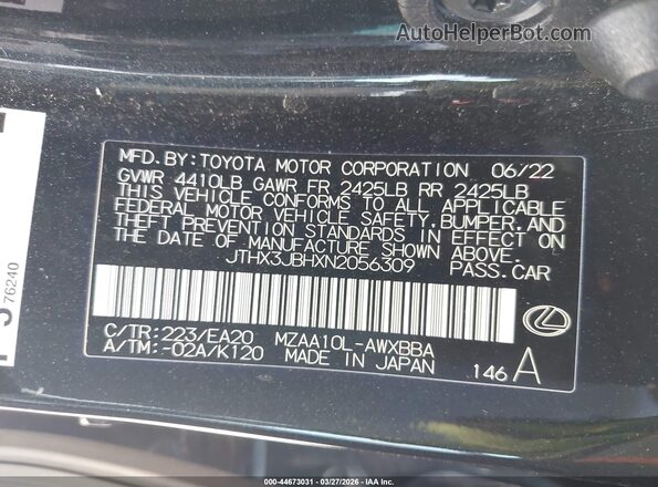 JTHX3JBHXN2056309 2022 LEXUS UX Black ძრავის განყოფილების ხედი