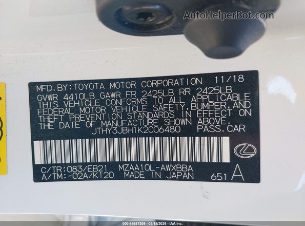 JTHY3JBH1K2006480 2019 LEXUS UX 200 White Widok komory silnika