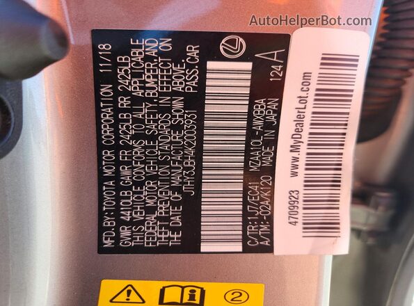 JTHY3JBH4K2003931 2019 LEXUS UX Silver 