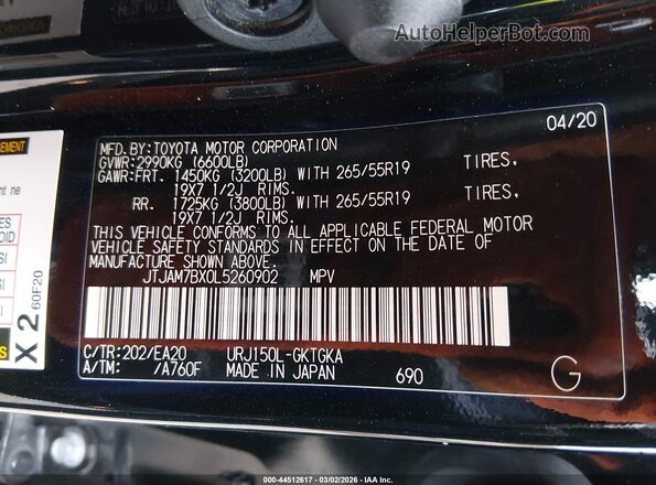 JTJAM7BX0L5260902 2020 LEXUS GX 460 Black Вид підкапотного простору