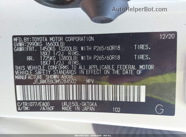 JTJAM7BX3M5284502 2021 LEXUS GX 460 White Вид підкапотного простору