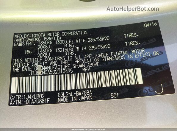 JTJBZMCA5G2010495 2016 LEXUS RX 350 Silver 