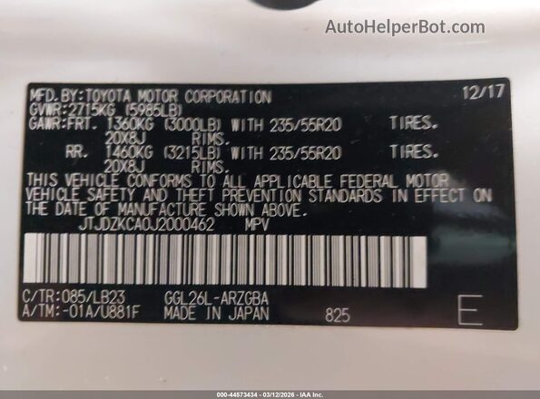 JTJDZKCA0J2000462 2018 LEXUS RX 350L White Widok komory silnika