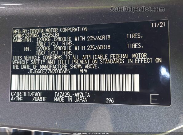 JTJGGCEZ7N2000685 2022 LEXUS NX 350 Gray 