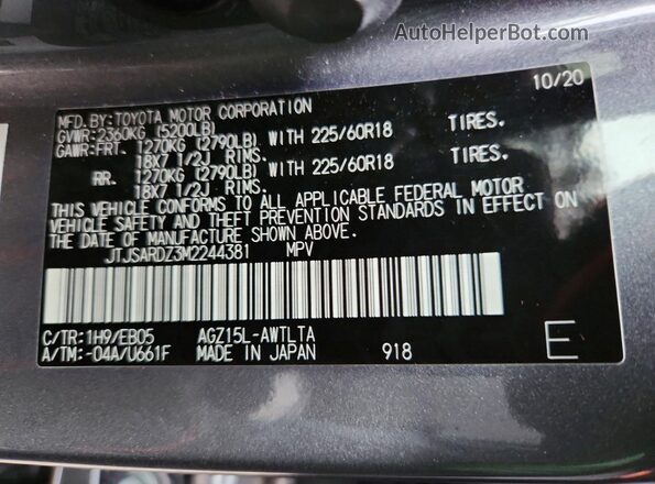 JTJSARDZ3M2244381 2021 LEXUS NX Gray Widok naklejki z numerem VIN
