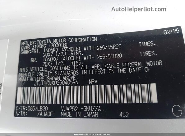 JTJTBCDX0S5040596 2025 LEXUS GX 550 White Widok komory silnika
