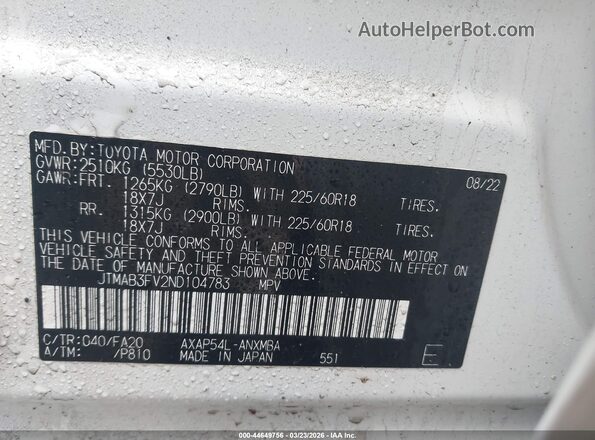 JTMAB3FV2ND104783 2022 TOYOTA RAV4 PRIME White Շարժիչի բաժամունքի տեսք