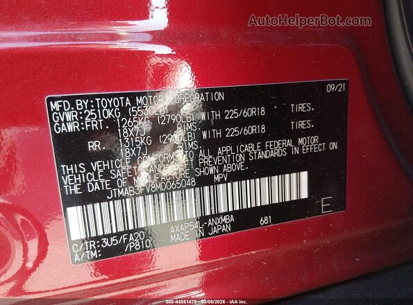 JTMAB3FV8MD065048 2021 TOYOTA RAV4 PRIME Red Շարժիչի բաժամունքի տեսք
