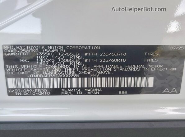 JTMBDAFB8TA000998 2026 TOYOTA LE White Widok komory silnika