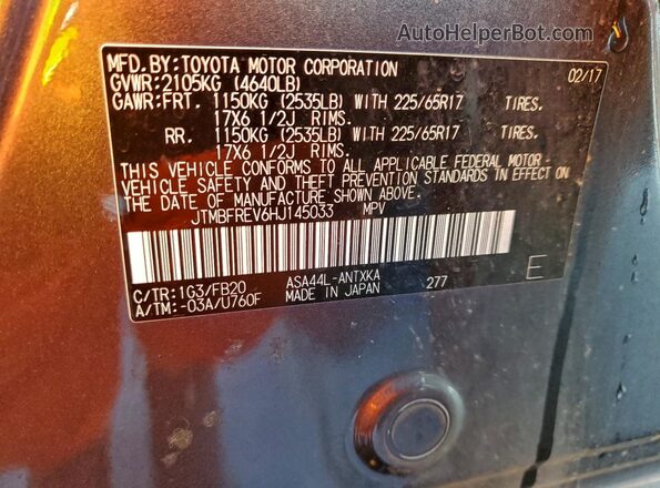 JTMBFREV6HJ145033 2017 TOYOTA LE Gray VIN կոդի պիտակի տեսք