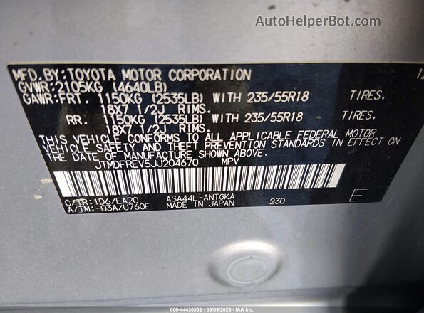 JTMDFREV5JJ204670 2018 TOYOTA LIMITED Silver Vista del compartimento del motor