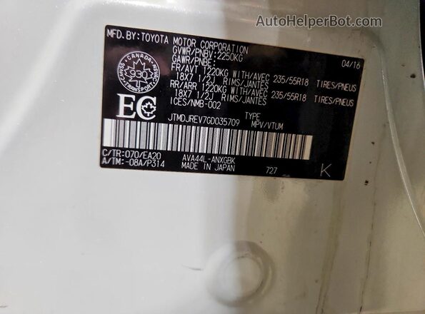 JTMDJREV7GD035709 2016 TOYOTA LIMITED White VIN კოდის სტიკერის ხედი
