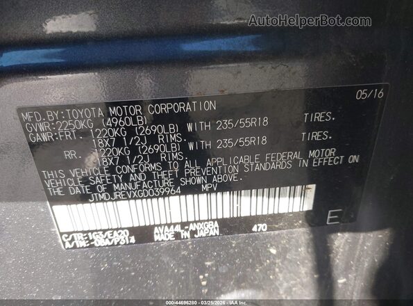 JTMDJREVXGD039964 2016 TOYOTA LIMITED Gray Vista del compartimento del motor