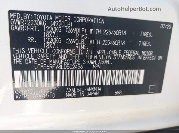 JTME6RFV8LD502456 2020 TOYOTA RAV4 HYBRID Белый 