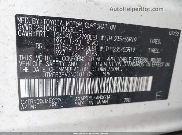 JTMEB3FV7ND101105 2022 TOYOTA RAV4 PRIME White Շարժիչի բաժամունքի տեսք