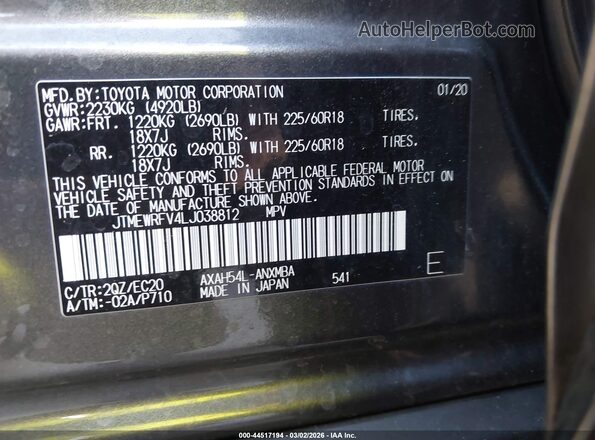 JTMEWRFV4LJ038812 2020 TOYOTA RAV4 HYBRID Gray Vista del compartimento del motor