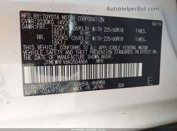 JTMEWRFV6KD504866 2019 TOYOTA RAV4 HYBRID White Widok komory silnika