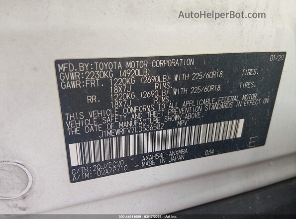 JTMEWRFV7LD536582 2020 TOYOTA RAV4 HYBRID White Շարժիչի բաժամունքի տեսք