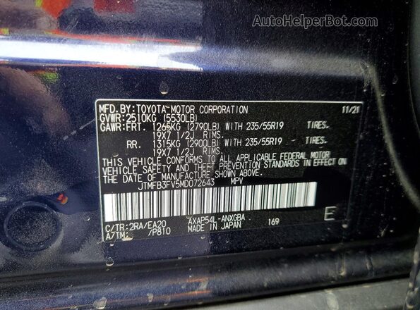 JTMFB3FV5MD072643 2021 TOYOTA RAV4 Blue Вид наклейки з VIN-кодом