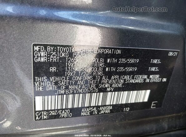 JTMFB3FV7MD057576 2021 TOYOTA RAV4 PRIME Gray Вид підкапотного простору