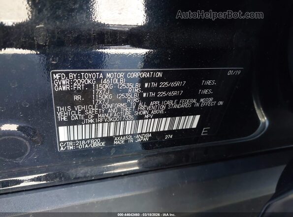 JTMK1RFV3KD017335 2019 TOYOTA LE Black Вид підкапотного простору