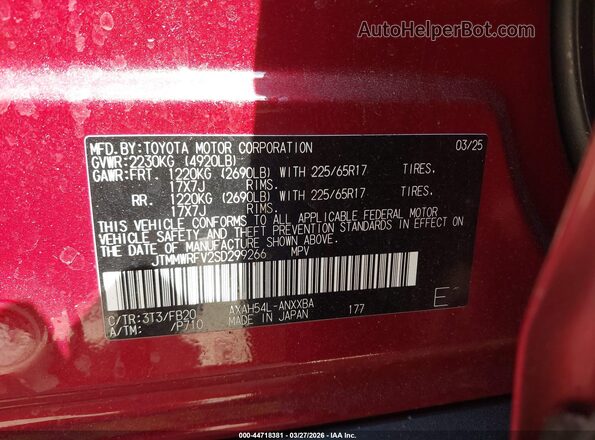 JTMMWRFV2SD299266 2025 TOYOTA LE Red Շարժիչի բաժամունքի տեսք