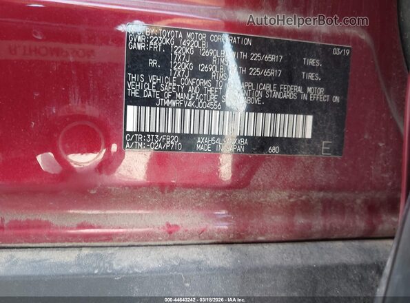 JTMMWRFV4KJ004556 2019 TOYOTA LE Red ძრავის განყოფილების ხედი