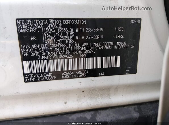 JTMN1RFV0LD529326 2020 TOYOTA LIMITED White Vista del compartimento del motor