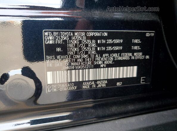 JTMN1RFV6KD512111 2019 TOYOTA LIMITED Black 