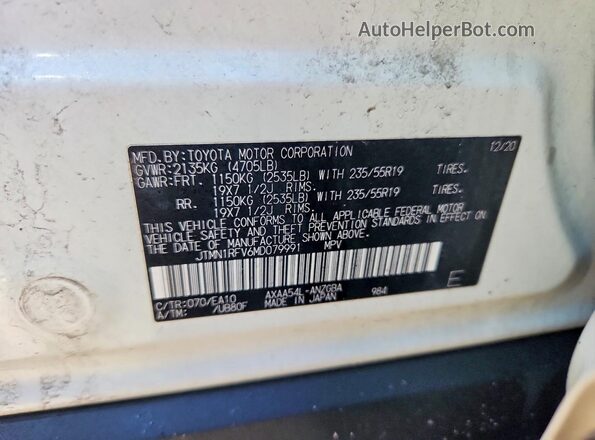 JTMN1RFV6MD079991 2021 TOYOTA LIMITED White VIN կոդի պիտակի տեսք