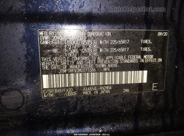 JTMP1RFV3MD071386 2021 TOYOTA LE Dark Blue Вид підкапотного простору