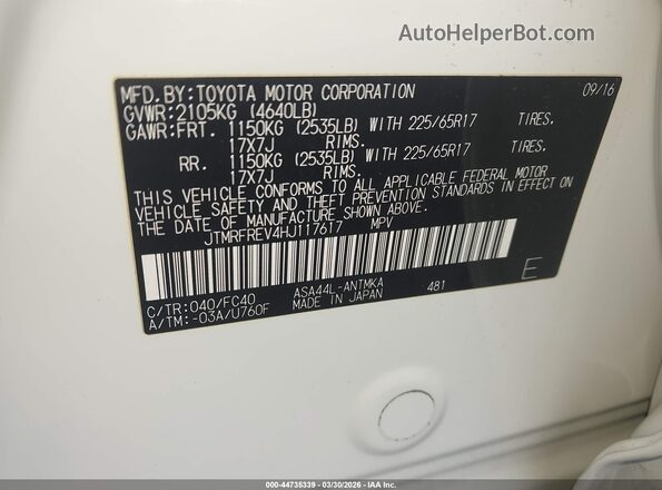 JTMRFREV4HJ117617 2017 TOYOTA LE White 
