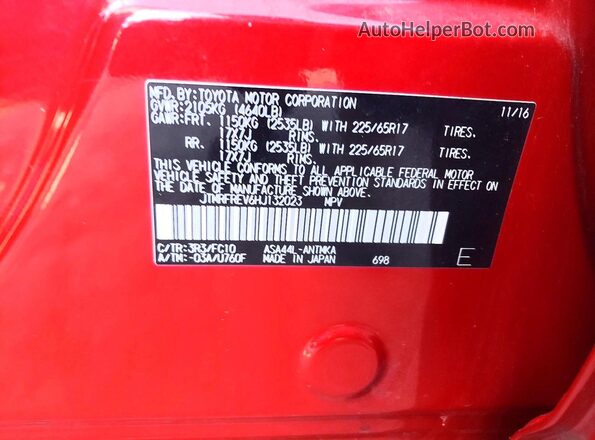 JTMRFREV6HJ132023 2017 TOYOTA LE Red Widok naklejki z numerem VIN