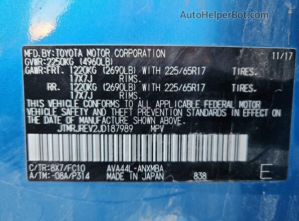 JTMRJREV2JD187989 2018 TOYOTA LE Blue Widok naklejki z numerem VIN