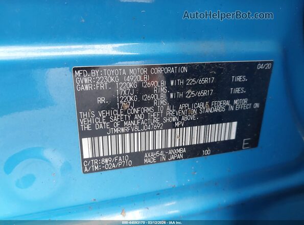 JTMRWRFV8LJ047692 2020 TOYOTA LE Blue Շարժիչի բաժամունքի տեսք